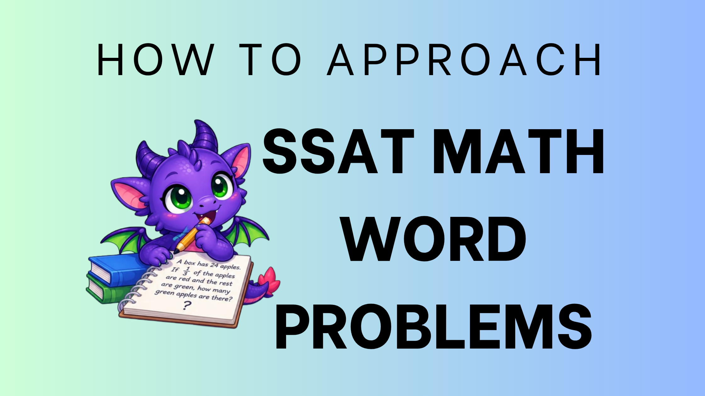 Purple dragon mascot with text 'SSAT Upper Level Math Word Problems'