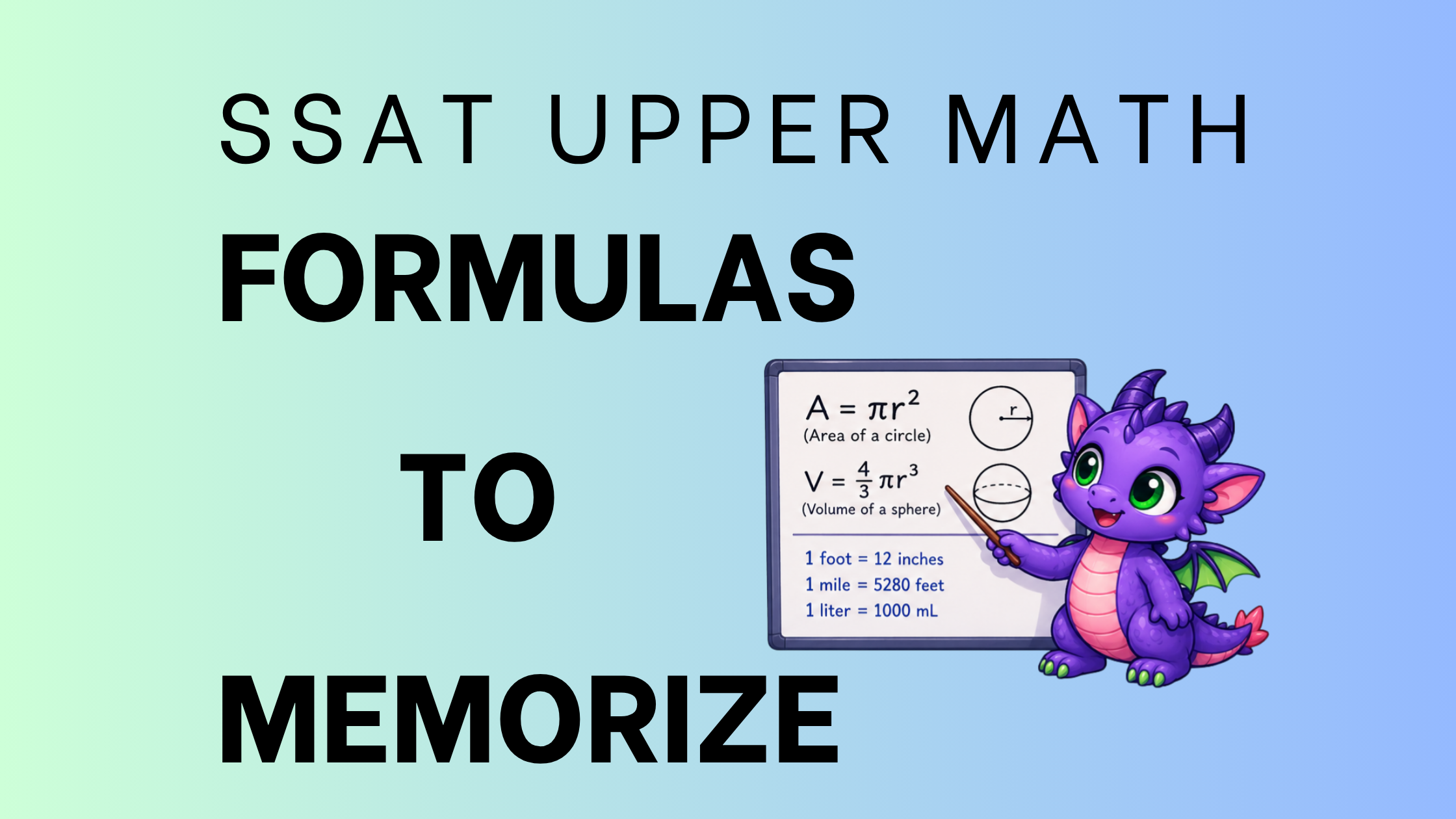Purple dragon mascot with text 'SSAT Upper Level Formulas to Memorize'