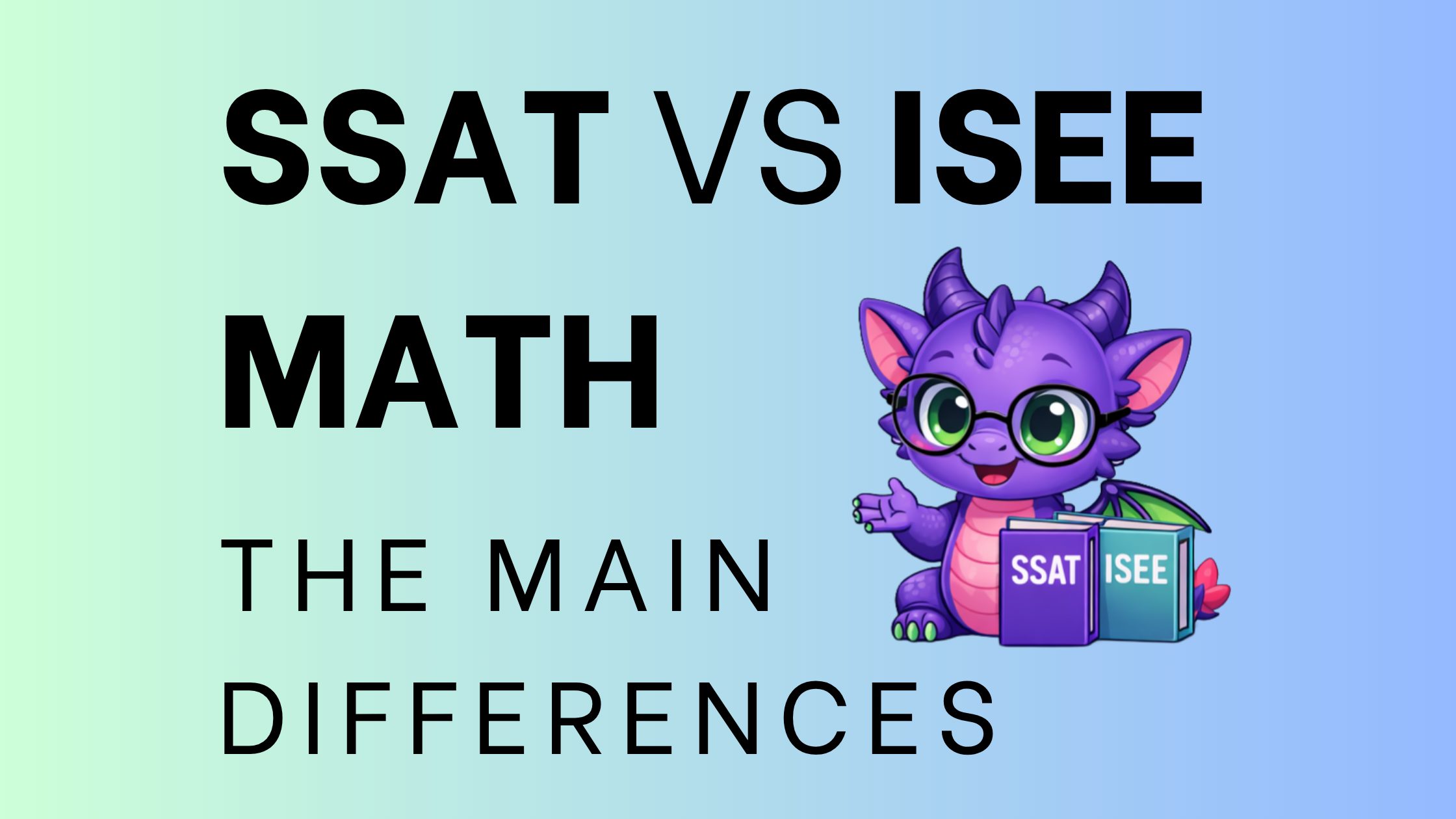 Purple dragon mascot with text "SSAT vs. ISEE math: the main differences"