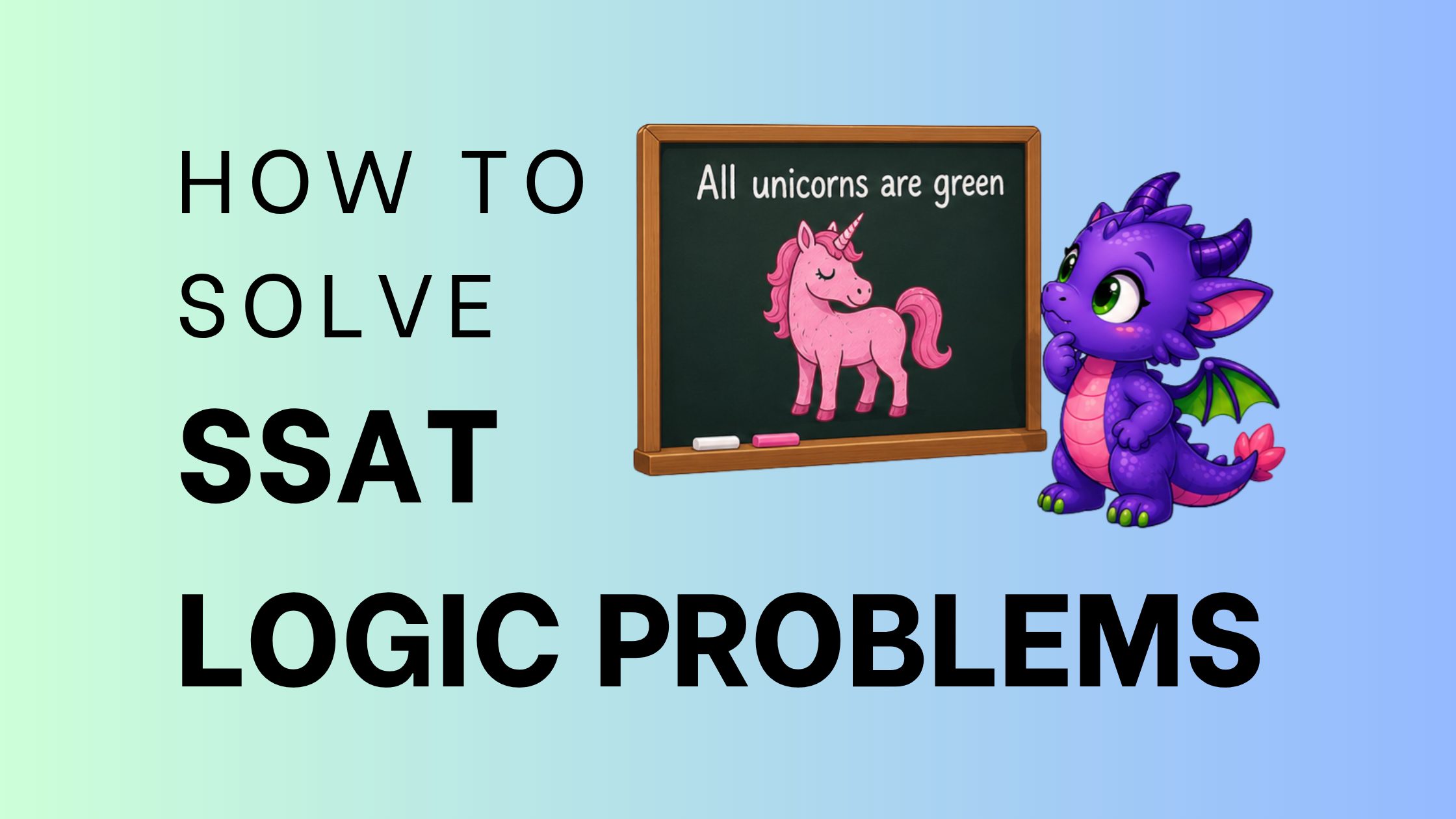 Purple dragon mascot with text "How to Solve SSAT Logic Problems"